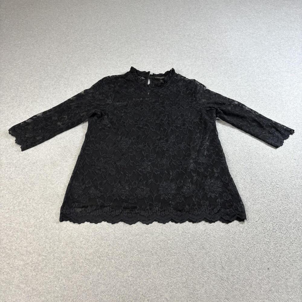 Dorothy Perkins Shirt Women 10 Black Lace Lined 3/4 Sleeve Mock Neck Whimsy Goth